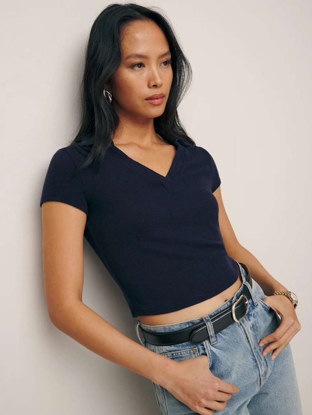 Reformation Layne Knit Short Sleeve Polo Shirt Cropped Top Navy Small